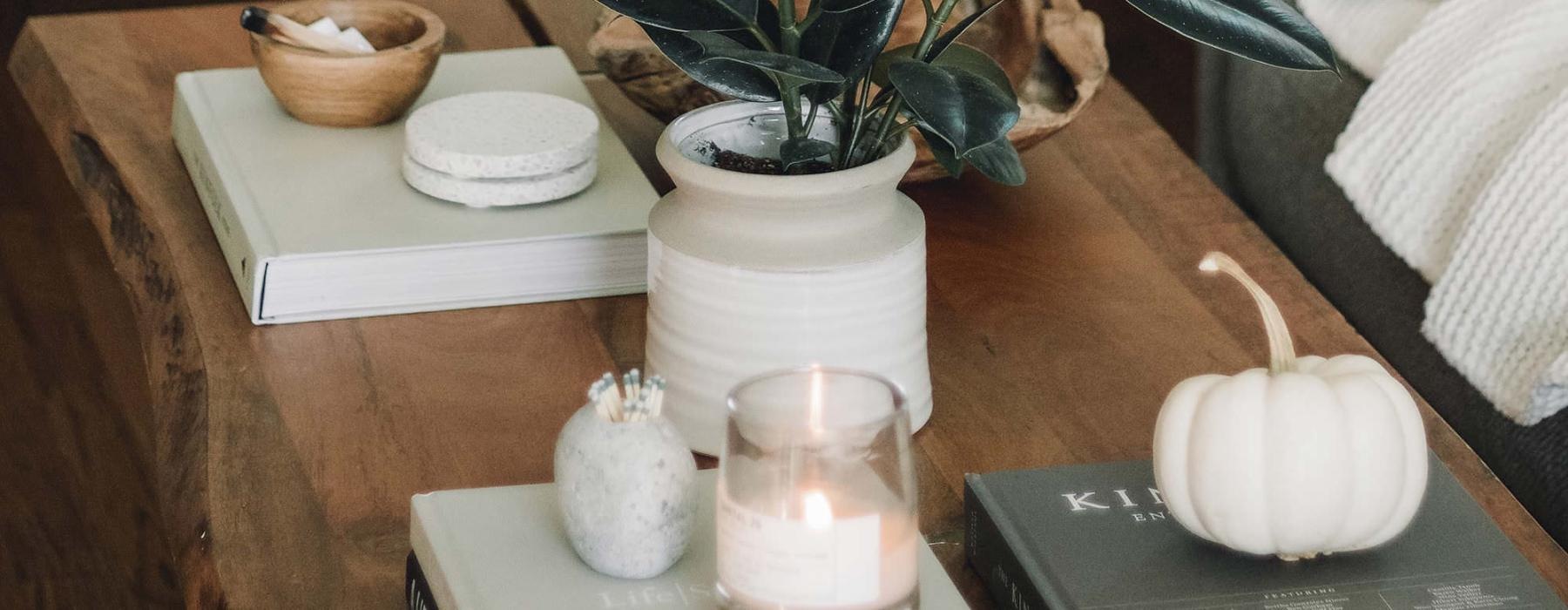 coffee table decorated with books, a potted plant, a candle and other knick-knacks